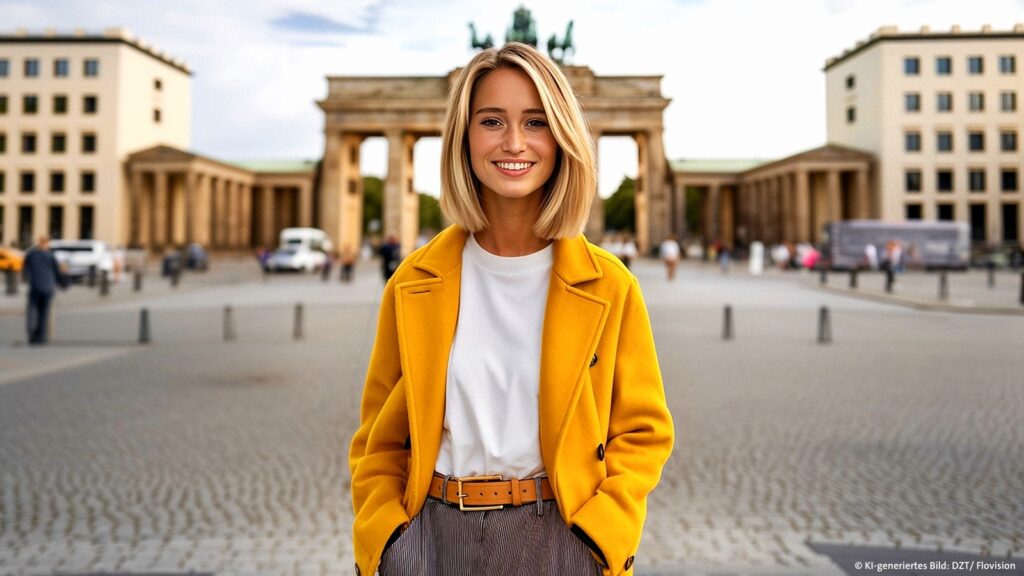 DZT-KI-Influencerin Emma vor dem Brandenburger Tor, KI-generiertes Bild