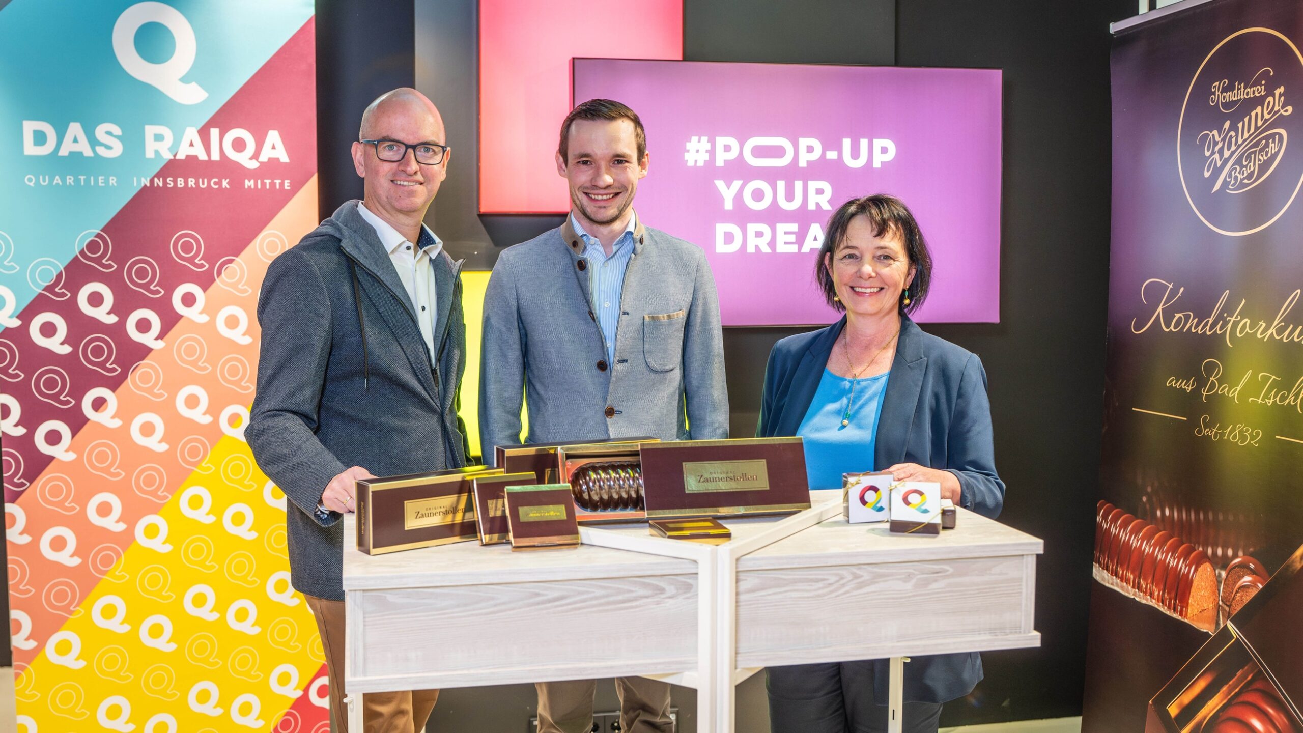 Christof Splechtna (Vorstand Raiffeisen-Landesbank Tirol), Philipp Zauner (Konditorei Zauner) Claudia Huber (Quartiersmanagement DAS RAIQA) (Foto: Simon Fischer)