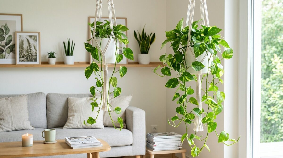 Hängende Efeutute mit üppigen Ranken im modernen Wohnzimmer – Efeutute Pflege und Wirkung für Stressabbau.