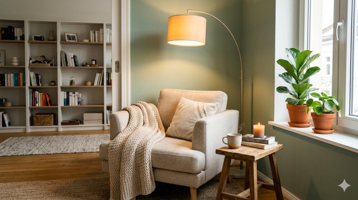 Helle, gemütliche Leseecke mit Stehlampe und Pflanzen – Umsetzung von Wohnpsychologie Tipps für mehr Wohlbefinden.